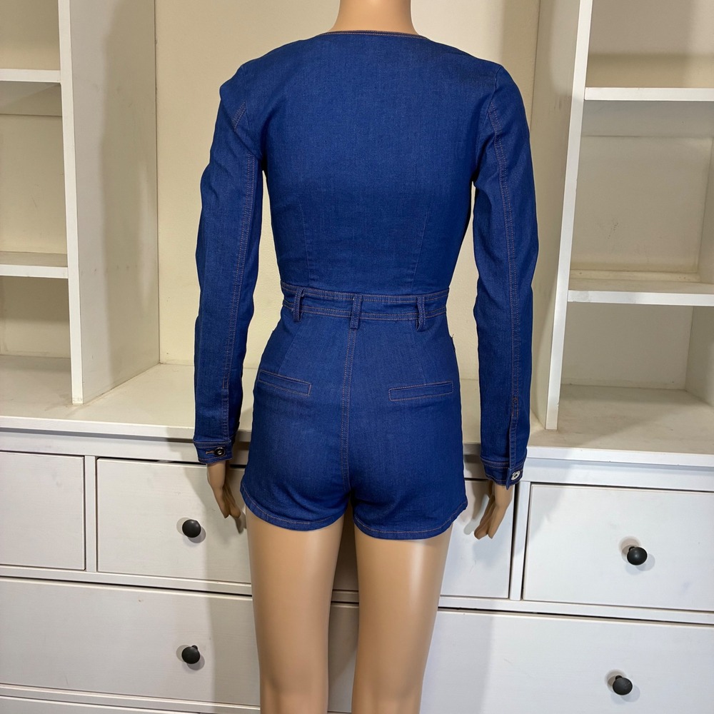 Tiger Mist Denim Romper XS Blue Long Sleeve Zip Front V-Neck Mini Jumpsuit - Picture 3 of 9